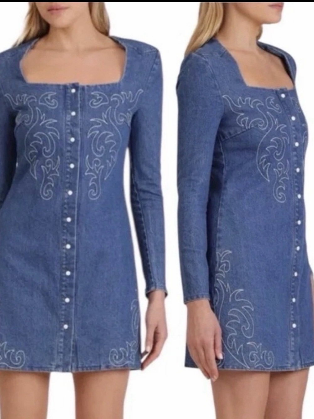NWT Avec Les Filles Western Cowgirl Embroidered Denim Mini Dress Pearl Snaps S/4